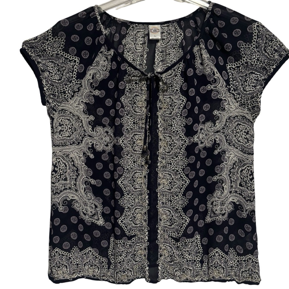 bila LG Semi sheer fairygoth rayon top black white tie neck cap sleeves EUC